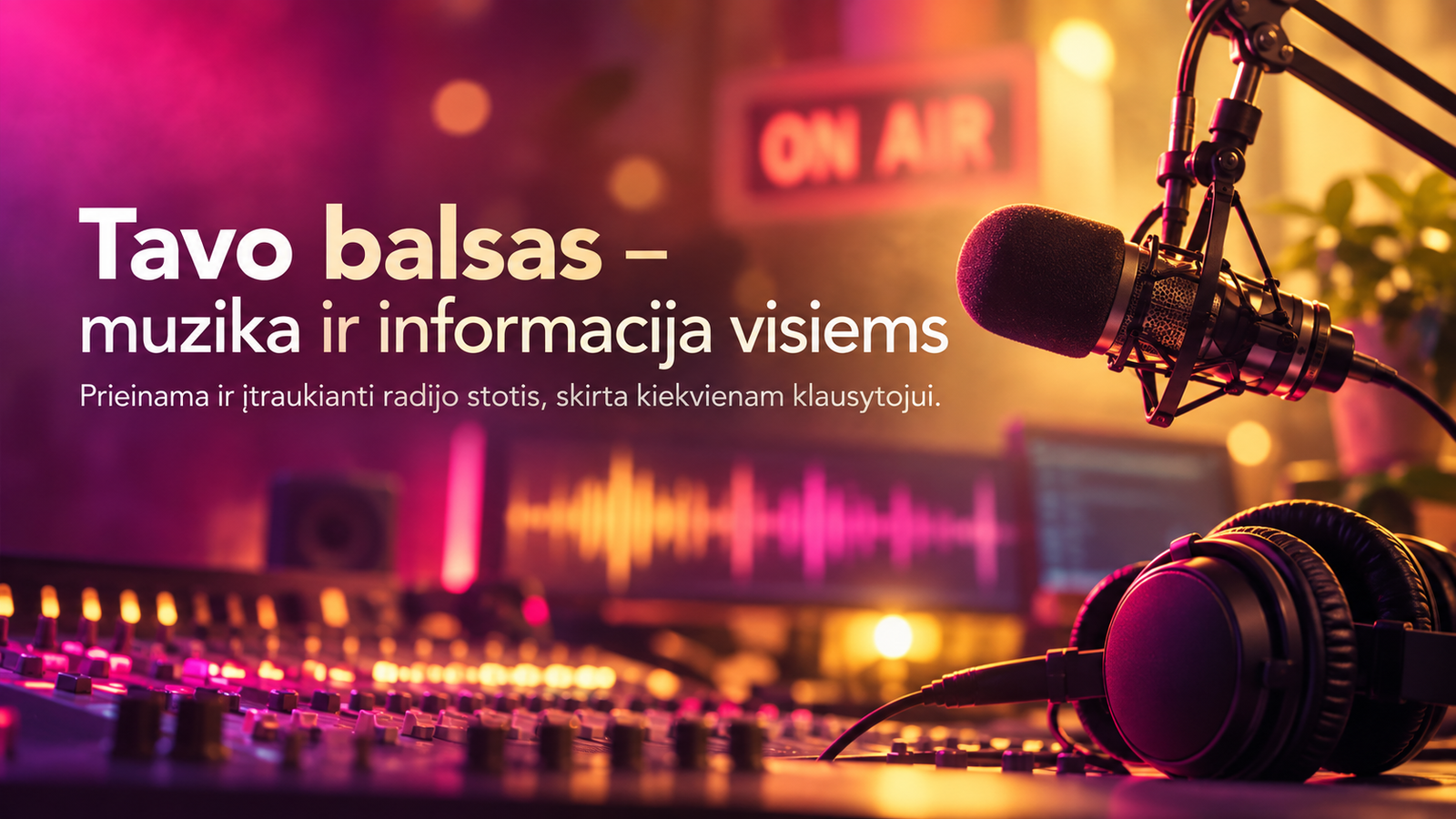 Radijo stoties „Tavo balsas“ studija su mikrofonu, ausinėmis ir garso pultu.